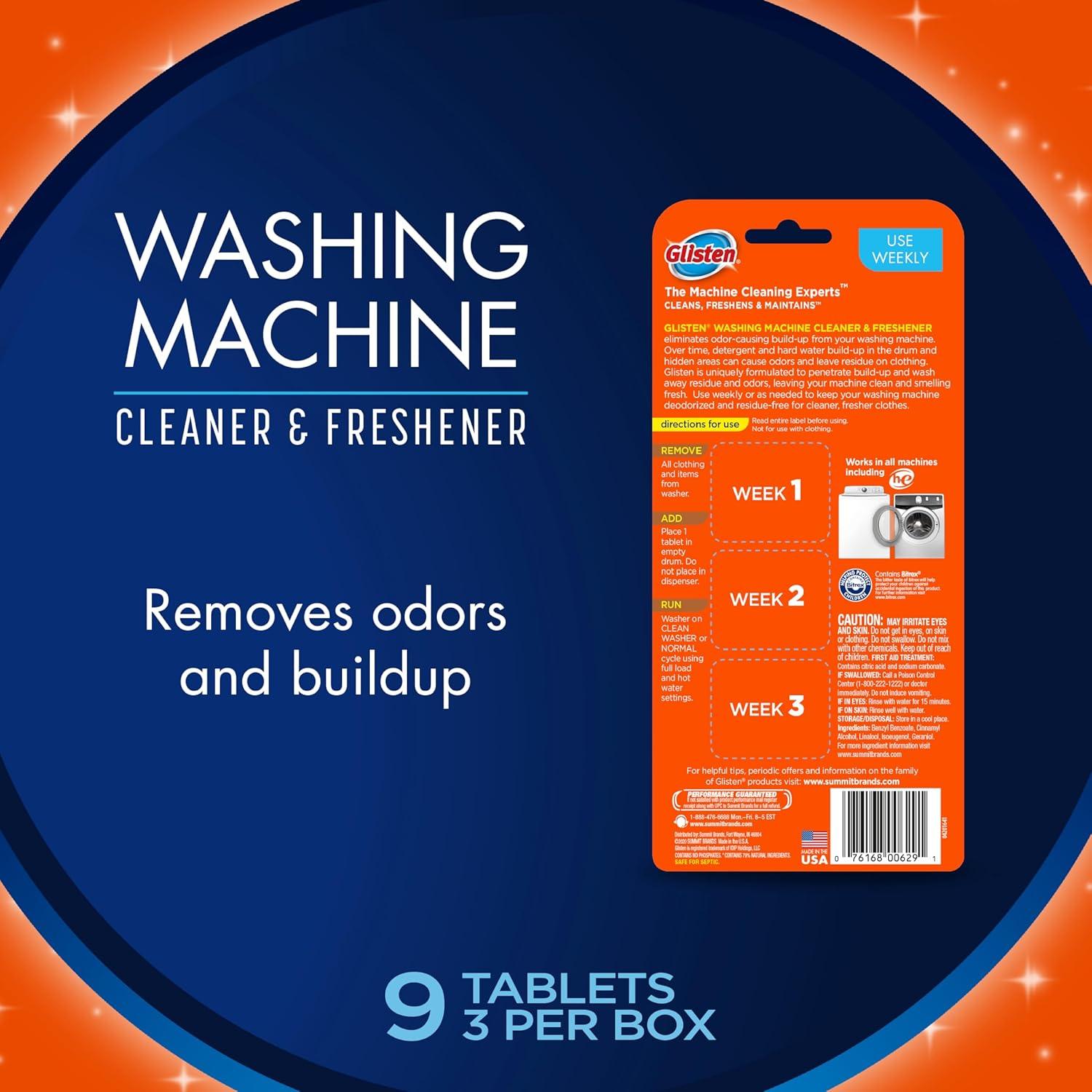 image:imageGlisten Washing Machine Cleaner and Freshener Deodorizer for All Top Load and Front Load Washers and HE Machines Made in the USA Fresh Scent 9 Tablets9 Count Pack of 12