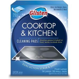 Glisten Cooktop and Kitchen Cleaning Pads for Glass, Gas Ranges, Ovens, Microwaves, and More, Dissolves Grease and Baked on Foods, Lemon Scent, 24 Large Pads or 48 Small Pads(14 Count (Pack of 1))