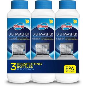 Glisten Dishwasher Cleaner, Removes Limescale, Rust, Buildup, and Grease, Lemon Scent, Made in the USA, 12 Ounce Bottle, 3-Pack(12 Fl Oz (Pack of 3))