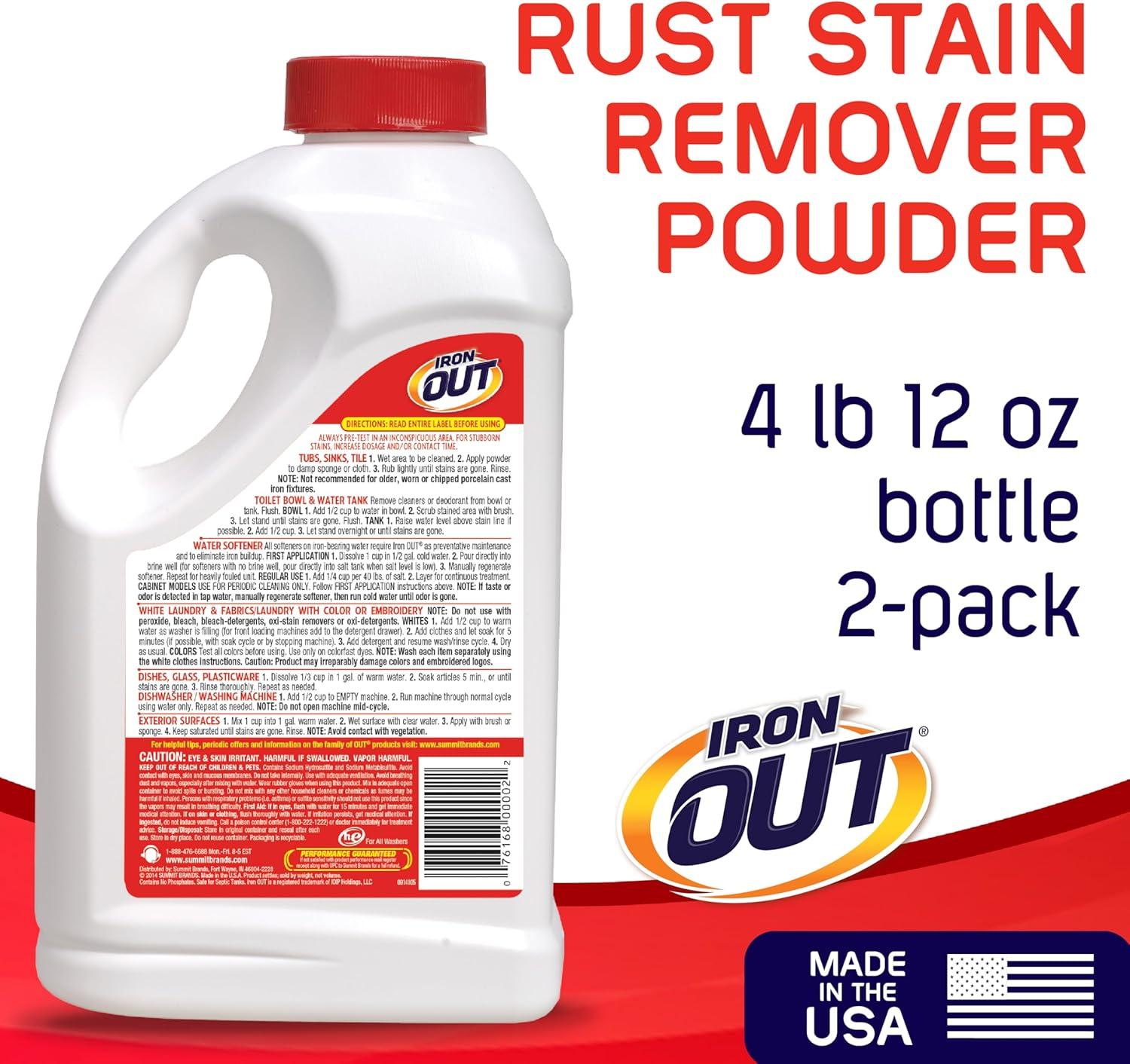 image:imageIron OUT Rust Stain Remover Remove Rust Stains in Bathrooms Kitchens Laundry and Outdoors No Scrub Powder Formula Made in the USA 475 Pounds 2Pack