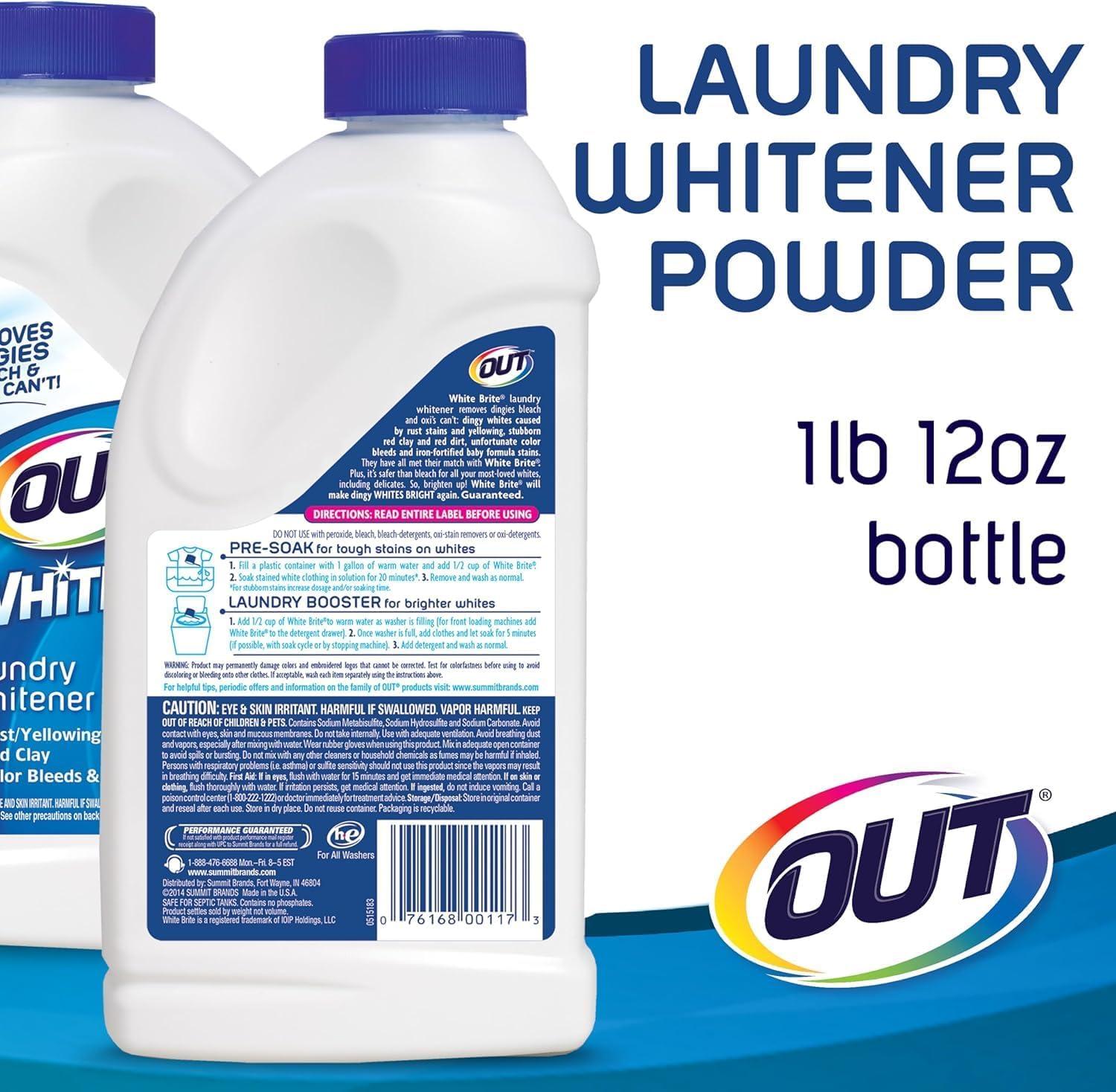 image:imageOUT White Brite Laundry Whitener Bleach Alternative Stain Remover Detergent Booster Powder for Clothes 4 Pound 12 Ounce Bottle28 Ounce Pack of 1