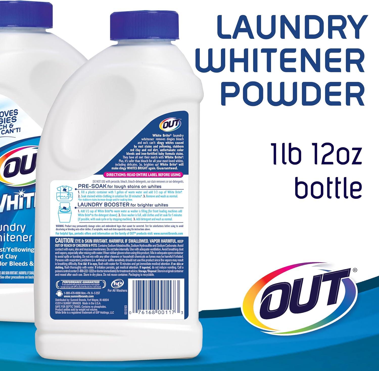 image:imageOUT White Brite Laundry Whitener Bleach Alternative Stain Remover Detergent Booster Powder for Clothes 4 Pound 12 Ounce Bottle28 Ounce Pack of 6