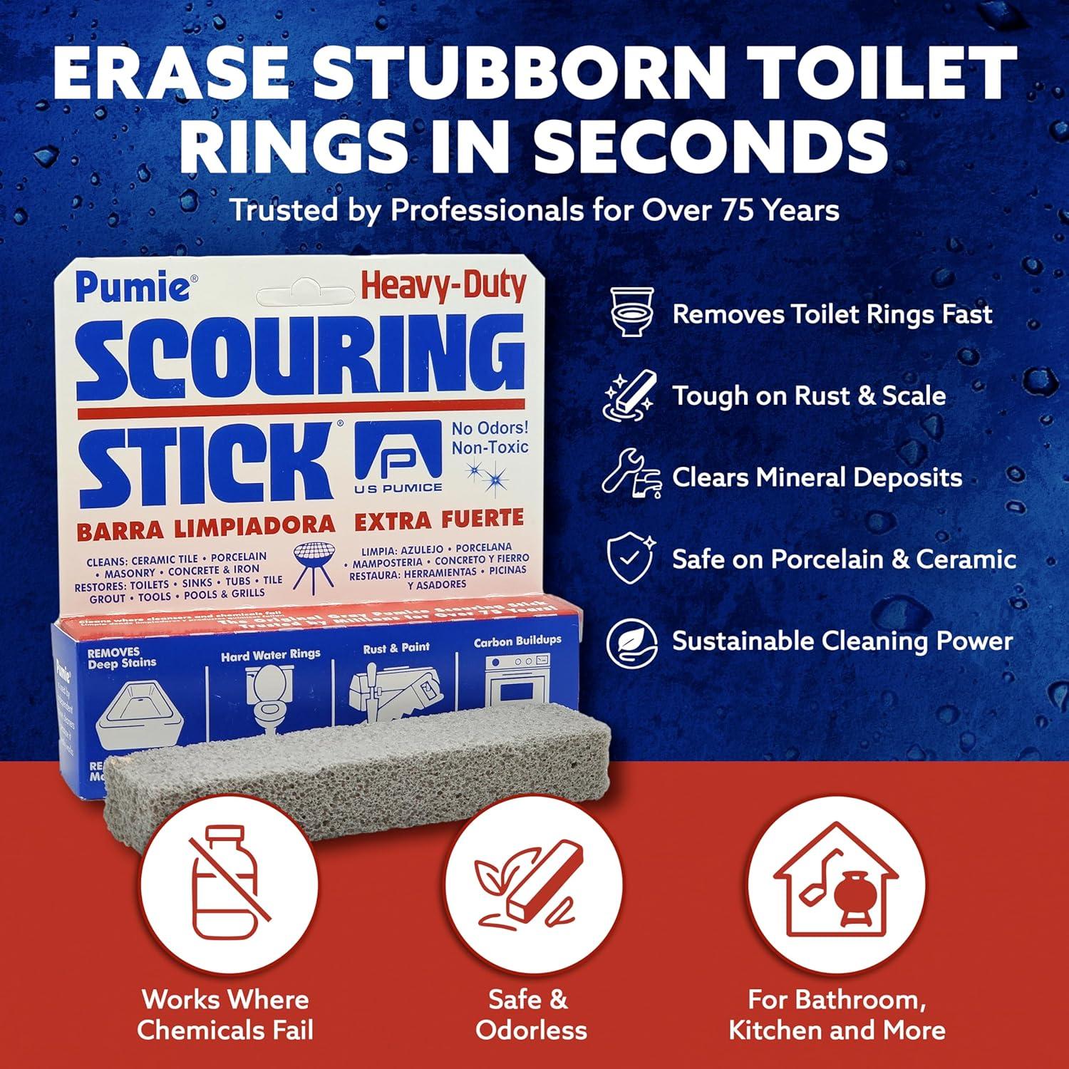 image:imagePUMIE Pumice Scouring Stick for Cleaning Toilet Rings Stain amp Hard Water Rings Tough Bathroom Pools amp Tubs Extra Strong Heavy Duty Pumice Stone for Toilet Cleaning Rust Grills amp Ovens Pack of 121 Count Pack of 4