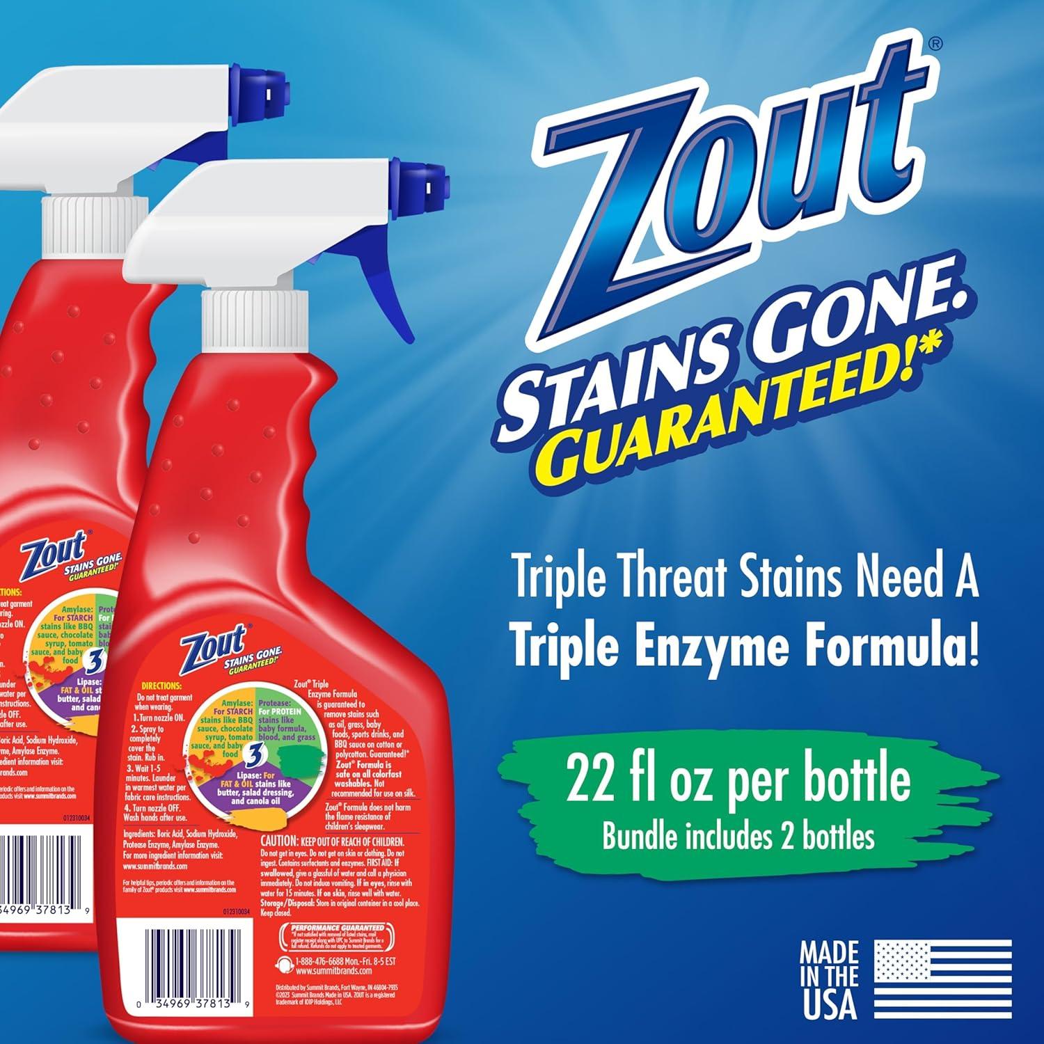 image:imageZout Laundry Stain Remover Spray Triple Enzyme Formula Removes the Toughest Stains Made in the USA 22 Ounce Bottles 2PackFoaming Action