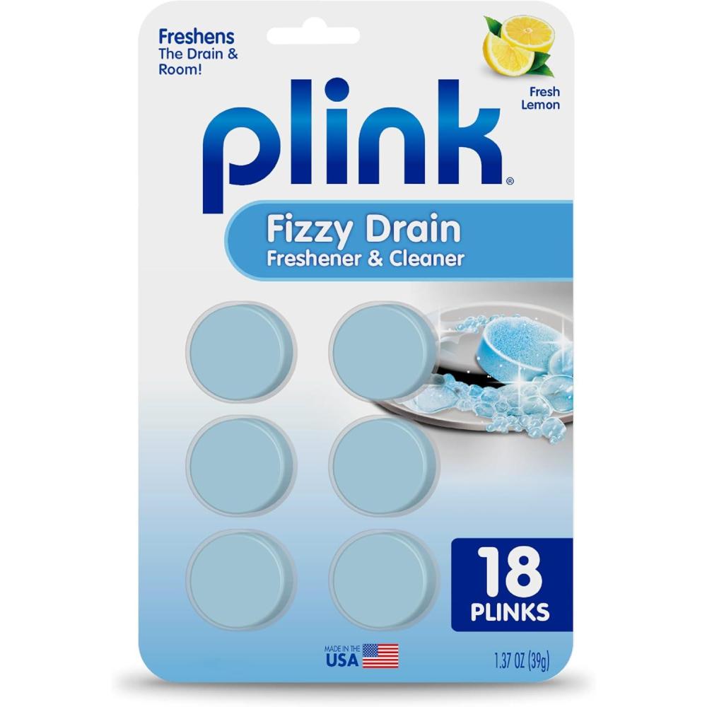 image:imagePlink Fizzy Drain Cleaner and Freshener Prevents Drain Clogs and Buildup Removes Odors from Bathroom and Kitchen Sinks SepticFriendly Made in the USA Lemon Scent 18 Tablets6 Count Pack of 3