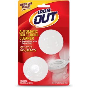 Iron OUT Automatic Toilet Bowl Cleaner Tablets, Helps Remove and Prevent Rust Stains with Every Flush, Lasts up to 45 Days, Made in the USA, 2 Tablets(2 Count (Pack of 1))