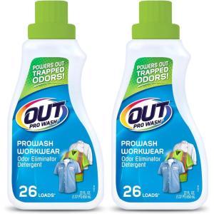 OUT ProWash Workwear Stain Remover Laundry Detergent and Odor Eliminator, Great for Work Clothes, Uniforms, Active Wear, and More, Made in the USA, 22 Ounce Bottle, 2-Pack(22 Fl Oz (Pack of 2))